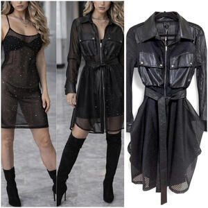 NWT ‘CAMILLE’ 2Pcs Sheer Mesh Faux Leather Ruched Mini Dress Gothic Chic Belted